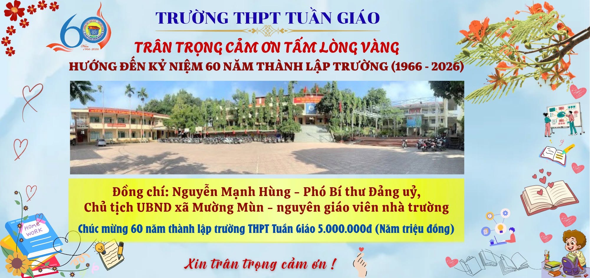Trân trọng cảm ơn Nguyễn Mạnh Hùng ủng hộ nhà trường nhân dịp kỷ niệm 60 năm