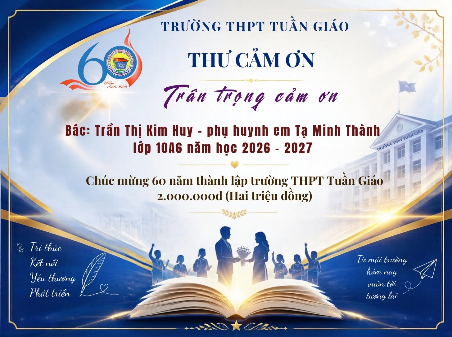 Trân trọng cảm ơn Trần Thị Kim Huy ủng hộ nhà trường nhân dịp kỷ niệm 60 năm