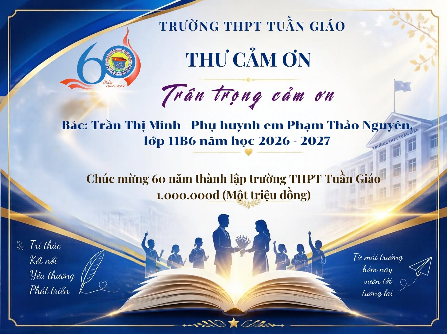 Trân trọng cảm ơn Trần Thị Minh ủng hộ nhà trường nhân dịp kỷ niệm 60 năm