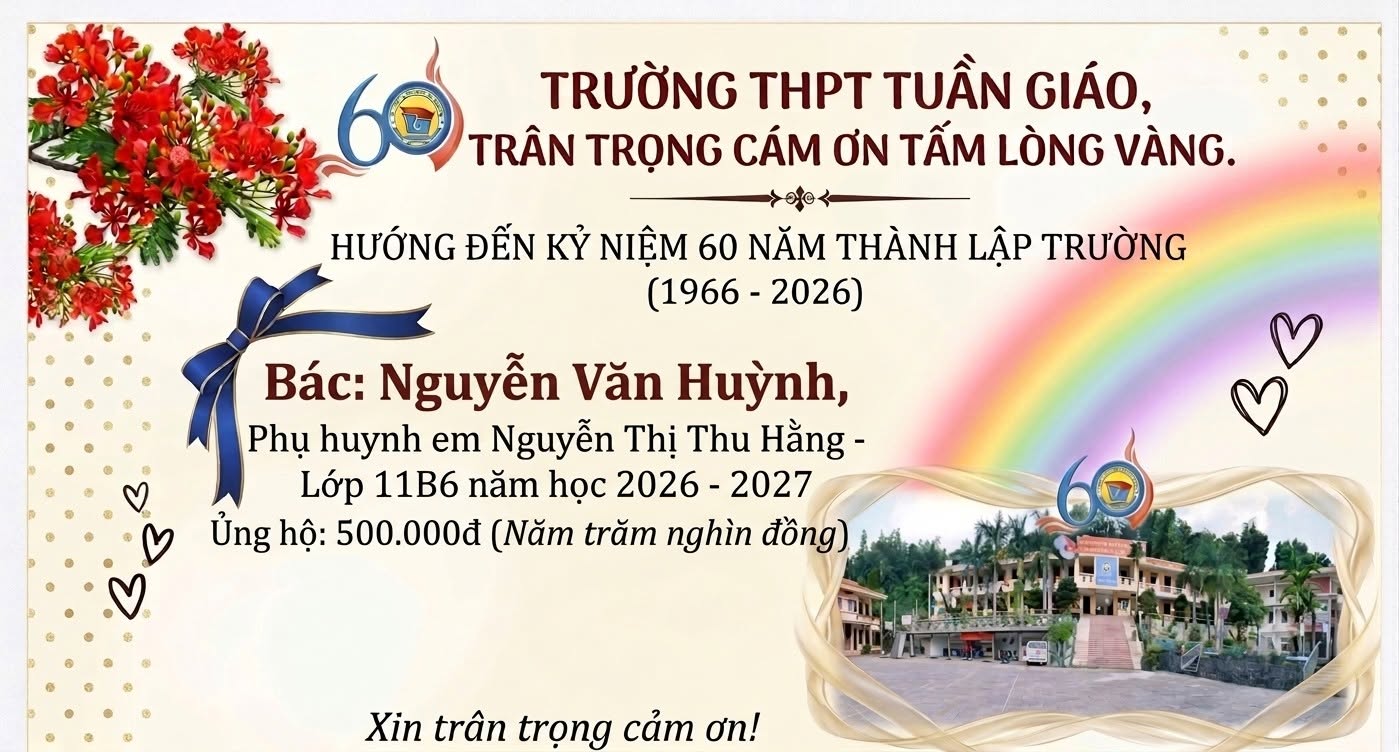 Trân trọng cảm ơn Nguyễn Văn Huỳnh ủng hộ nhà trường nhân dịp kỷ niệm 60 năm