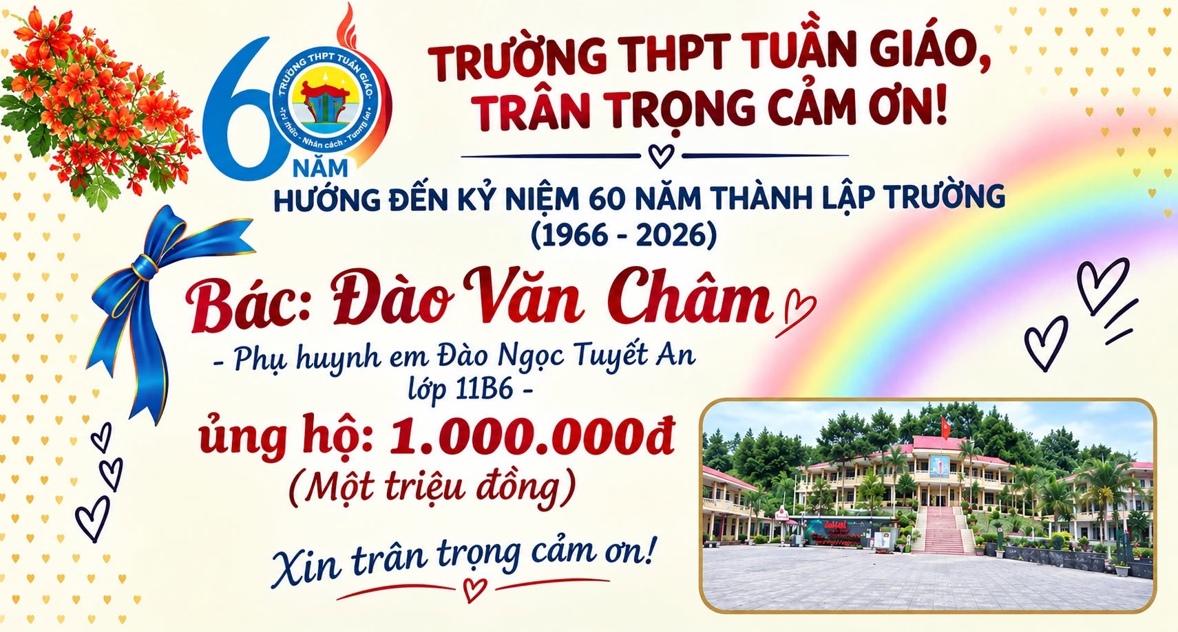 Trân trọng cảm ơn Đào Văn Châm ủng hộ nhà trường nhân dịp kỷ niệm 60 năm