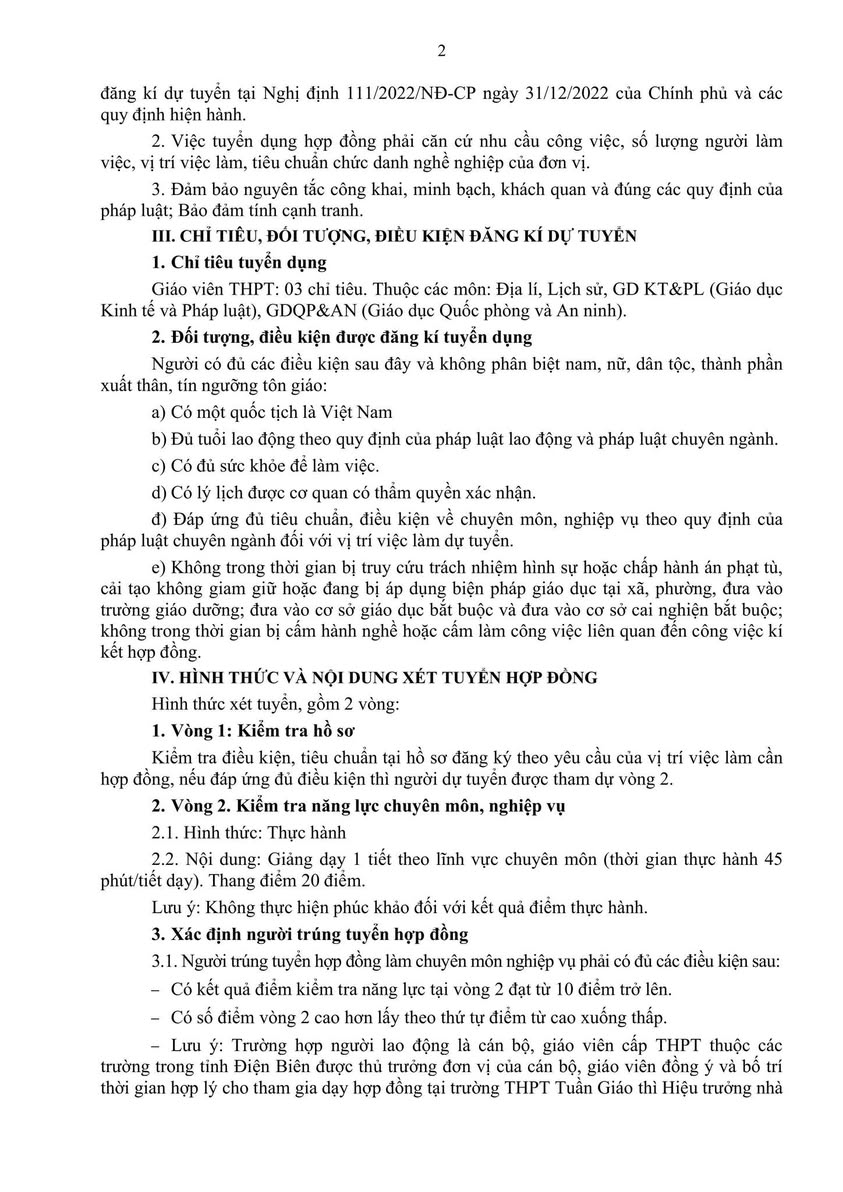 Trường THPT Tuần Giáo thông báo Kế hoạch tuyển dụng giáo viên hợp đồng theo Nghị định 111/2022/NĐ-CP, năm học 2025-2026…