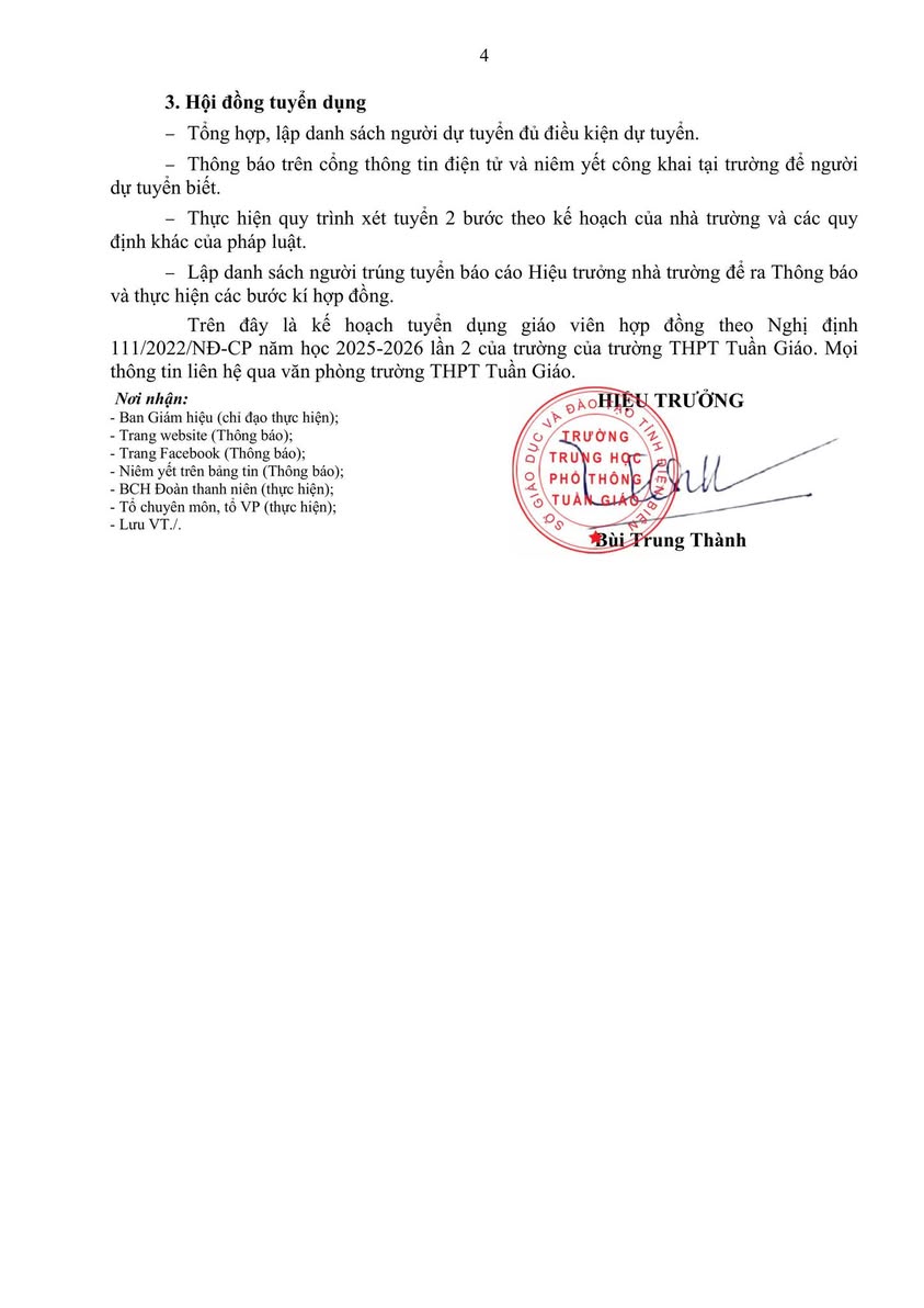 Trường THPT Tuần Giáo thông báo Kế hoạch tuyển dụng giáo viên hợp đồng theo Nghị định 111/2022/NĐ-CP, năm học 2025-2026…