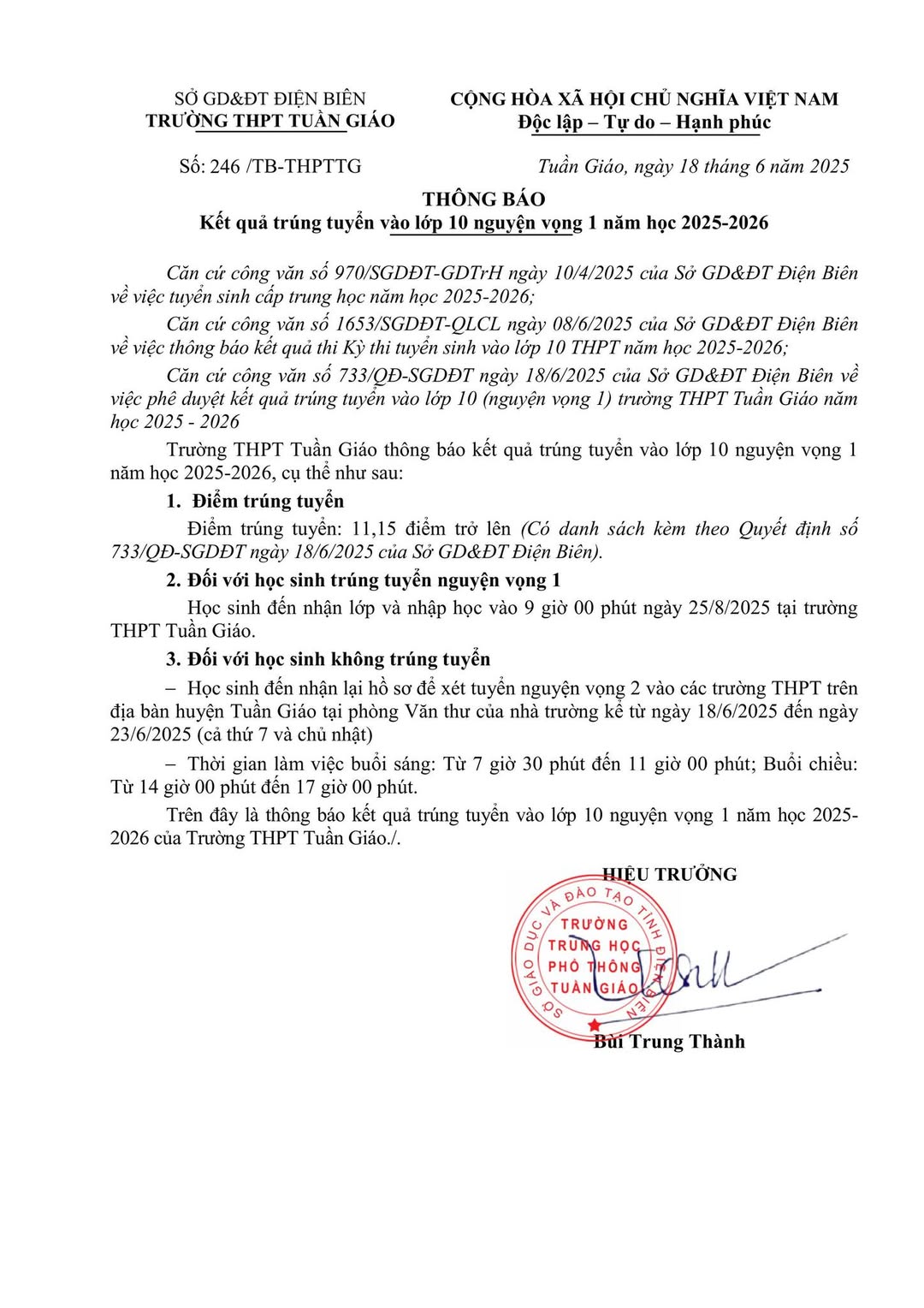 Trường THPT Tuần Giáo thông báo kết quả trúng tuyển vào lớp 10 nguyện vọng 1 năm học 2025-2026