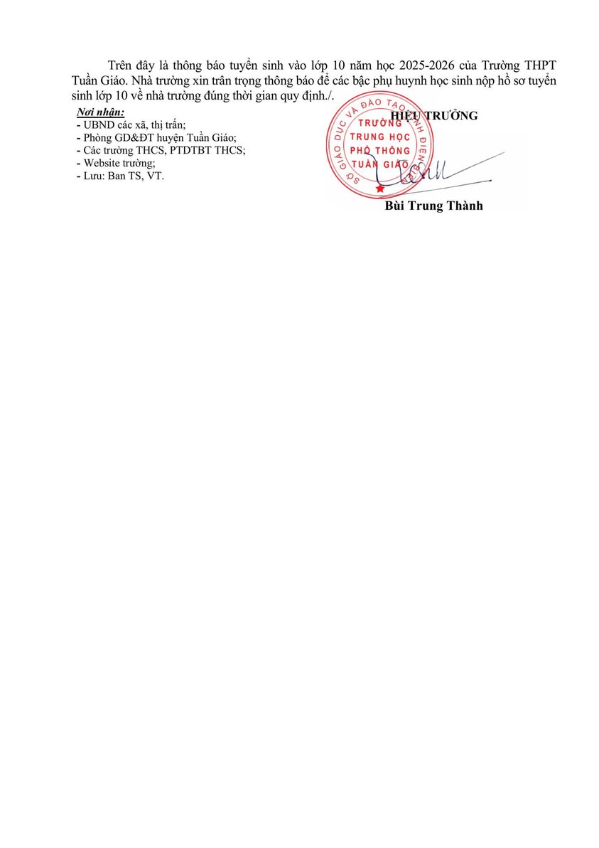 Trường THPT Tuần Giáo thông báo tuyển sinh vào lớp 10 năm học 2025-2026